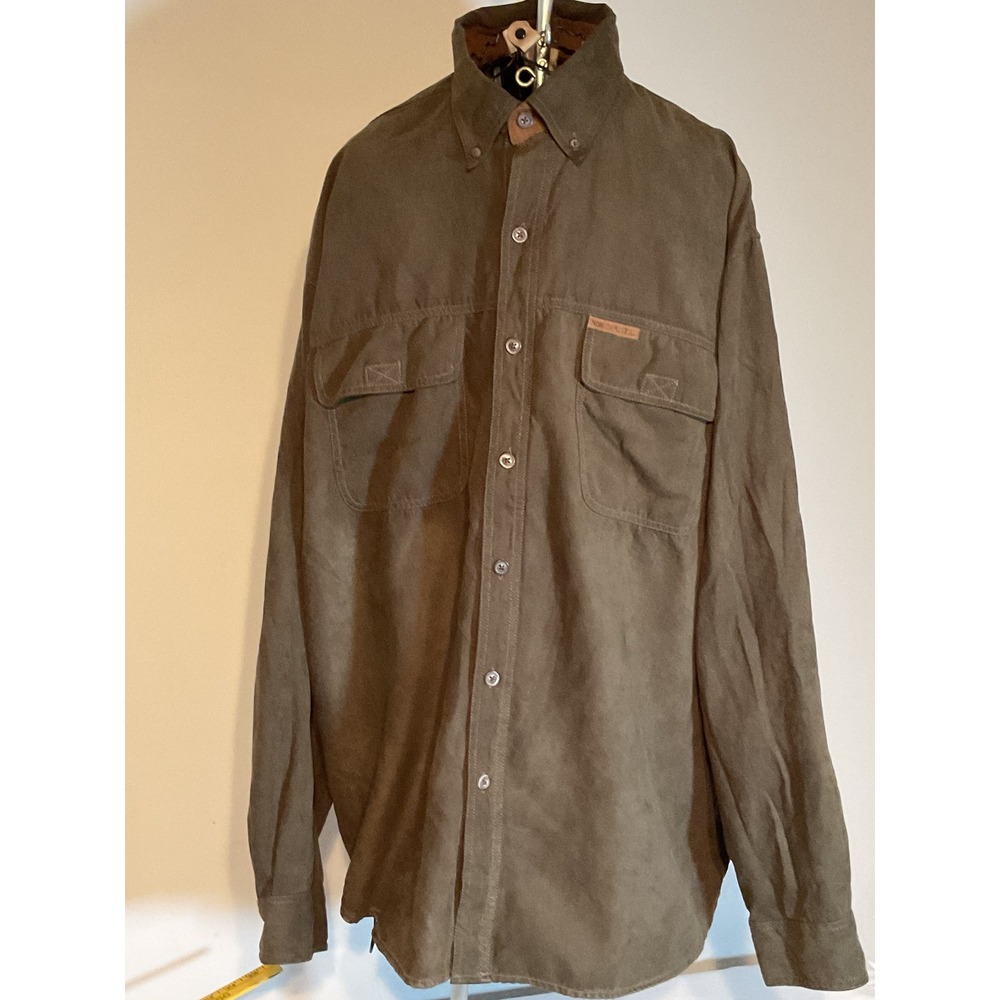 North River Outfitters Men Large Olive Green Suede Feel Long Sleeve Button Shirt
